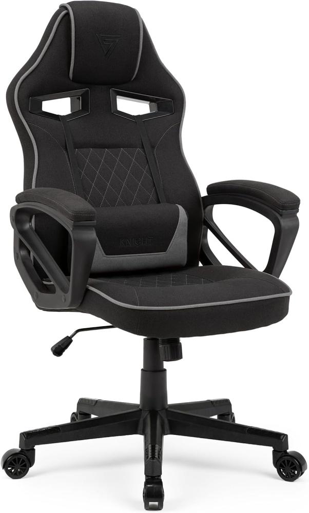 SENSE7 Gaming Stuhl Knight, Ergonomischer Gaming Sessel Mir verstellbaren Lendenkissen, Gaming Chair mit Wippfunktion, Gepolsterte Armlehnen, Stoff Bürostuhl bis 120kg, PC Stuhl Schwarz-Grau Bild 1