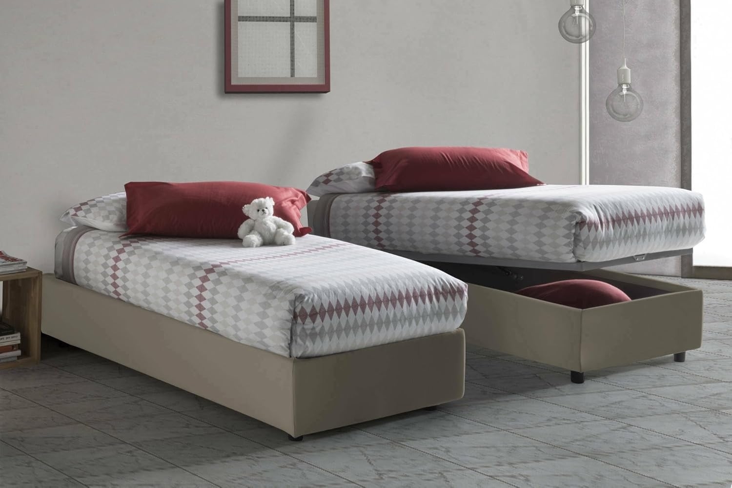 Talamo Italia Einzelbett Silvia Sommier mit Container, Made in Italy, Bett mit Stoffbezug, Frontöffnung, passend für Matratze 90x190 cm, Taupe Bild 1