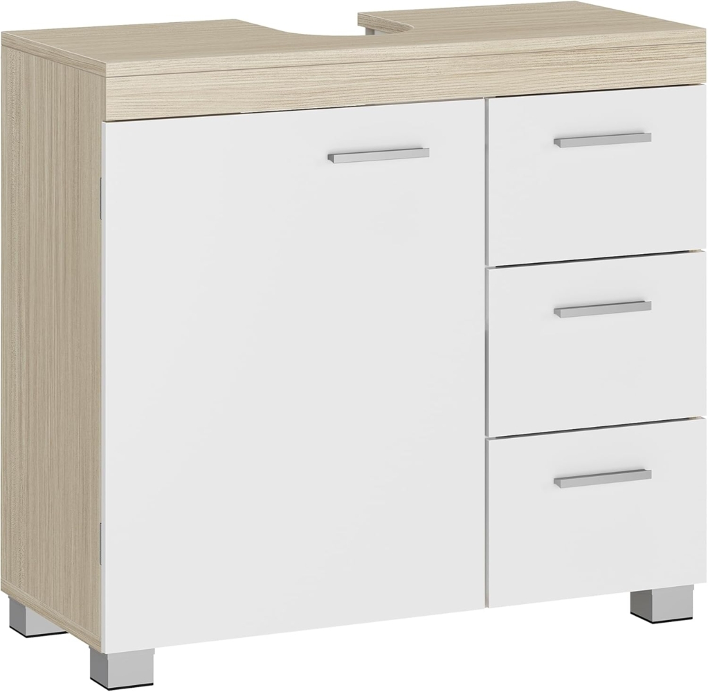 VASAGLE Waschbeckenunterschrank, Badezimmerschrank mit 3 großen Schubladen, Badschrank, 2 Fächer hinter der Tür, Badezimmer-Unterschrank mit Füßen, 30 x 70 x 64 cm, wolkenweiß-naturbeige BBK503K01 Bild 1