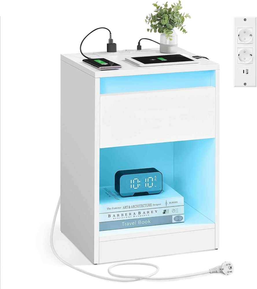 Vasagle Nachttisch mit einstellbarer LED-Beleuchtung, Beistelltisch mit Steckdosen, Schublade, 2 AC-Steckdosen, 2 USB-Anschlüsse, modern, für Schlafzimmer, Wohnzimmer, 35 x 40 x 55 cm, Wolkenweiß Bild 1
