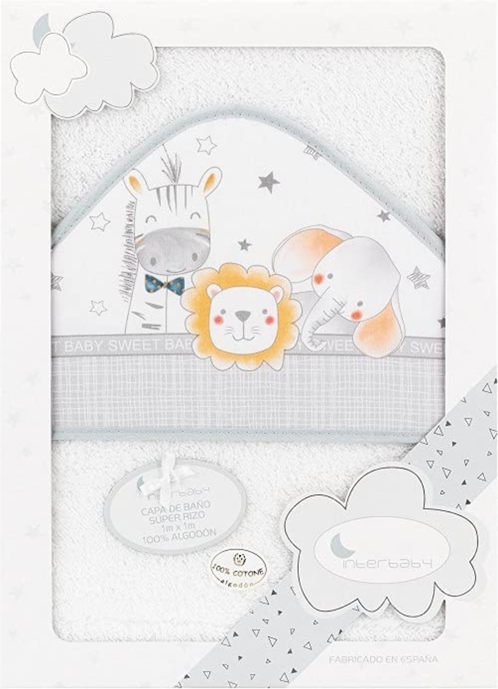 Interbaby 01229-18 Baby Kapuzenbadetuch ANIMALITOS, weiss e grau, grau Bild 1