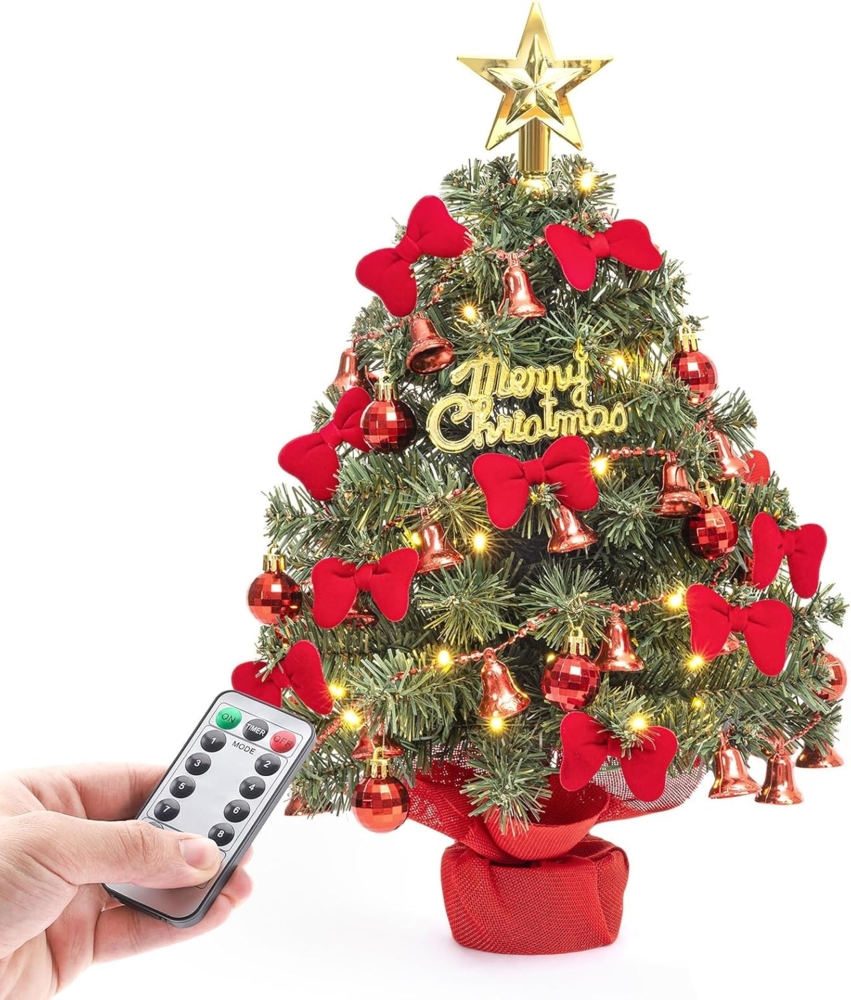 Yorbay Künstlicher Weihnachtsbaum 40cm Mini Weihnachtsbaum mit 30 warmweiß LEDs, 8 Licht Modi, Tisch-Tannenbaum mit roter Deko und Stern-Baumspitze, Batterie betrieben, für Weihnachten, Advent, künstlich, Geschmückt Bild 1