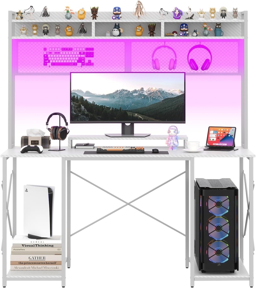 JUMMICO Gaming Tisch Schreibtisch 120 x 60 x 162 cm mit USB-Anschluss und Steckdose, Schreibtisch Computertisch mit Regal und Monitorständer LED-Beleuchtung, PC Tisch fürs Homeoffice (Weiß) Bild 1