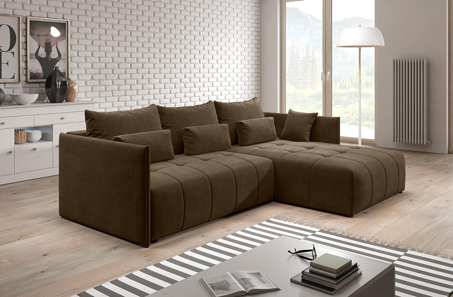 Furnix Ecksofa Yalta mit Schlaffunktion und Bettkasten - Couch L-Form Sofa mit Kissen - Stellfüße in Chromoptik - B245 x H83 x T182 cm, Liegefläche: 147 x 232 cm - MH20 (Braun) Bild 1