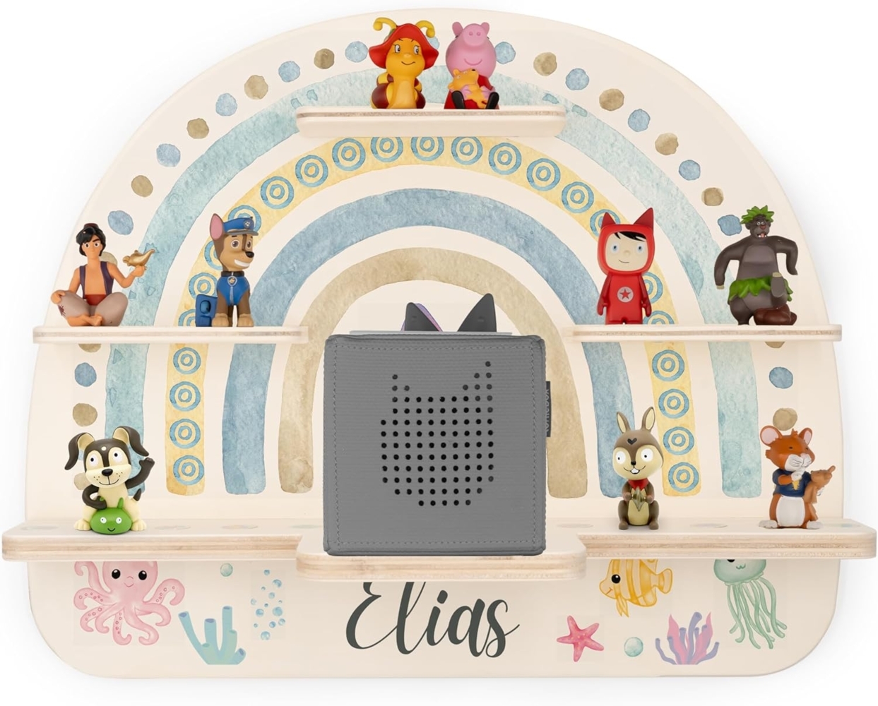 KIDSMOOD - Personalisiertes Tonie Regal für Kinderzimmer | Regenbogen Wand-Regal mit genügend Platz für Tonie-Hör-Figuren, Aussparung für Tonie-Musikbox & Kabelmanagement, Tonie Regal Mädchen & Jungen Bild 1