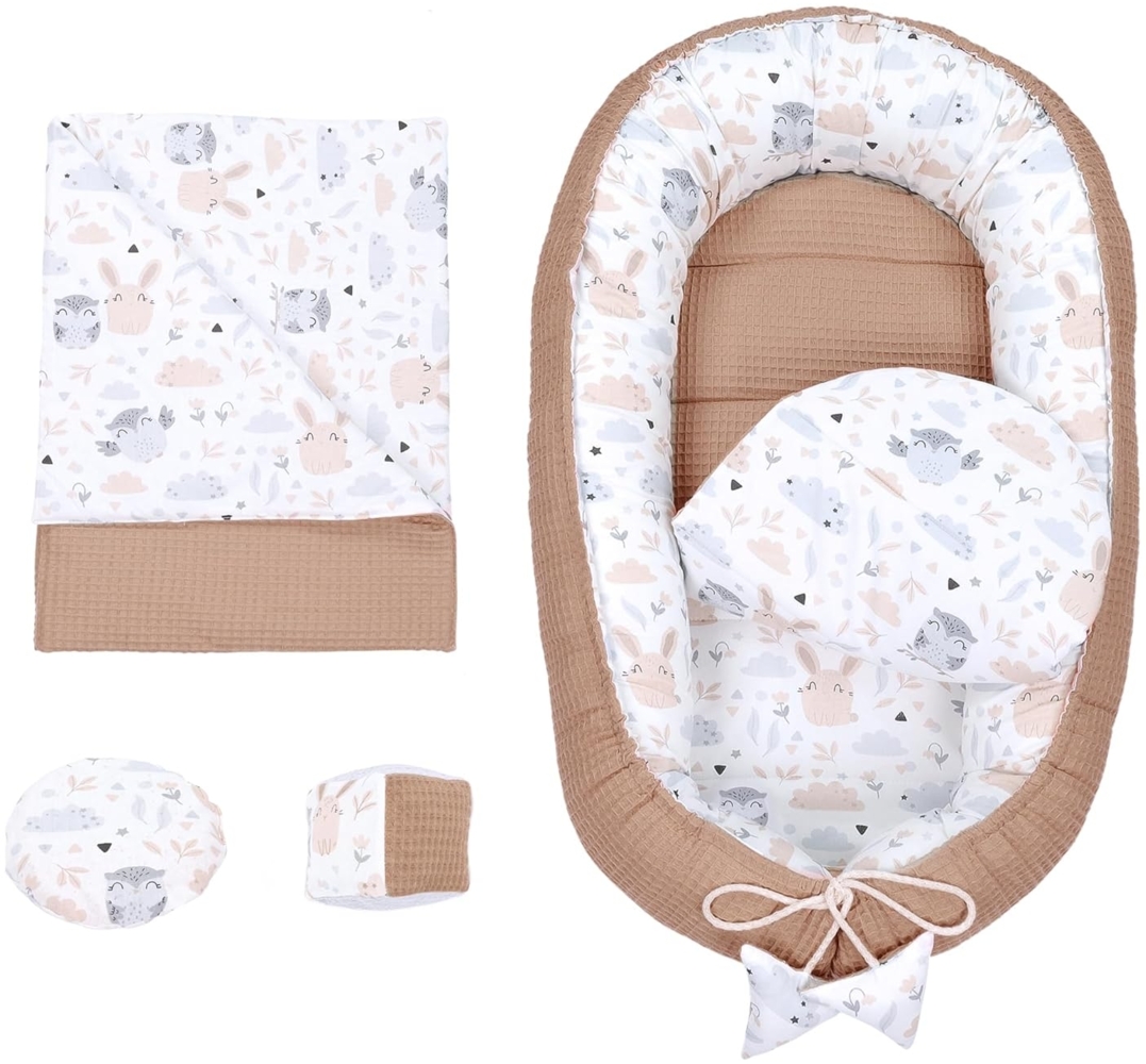 Babynestchen Set Neugeborene 90x50 cm Waffelbaumwolle - Kuschelnest Baby Nestchen 5-teilig Kokon Eule Braun Bild 1