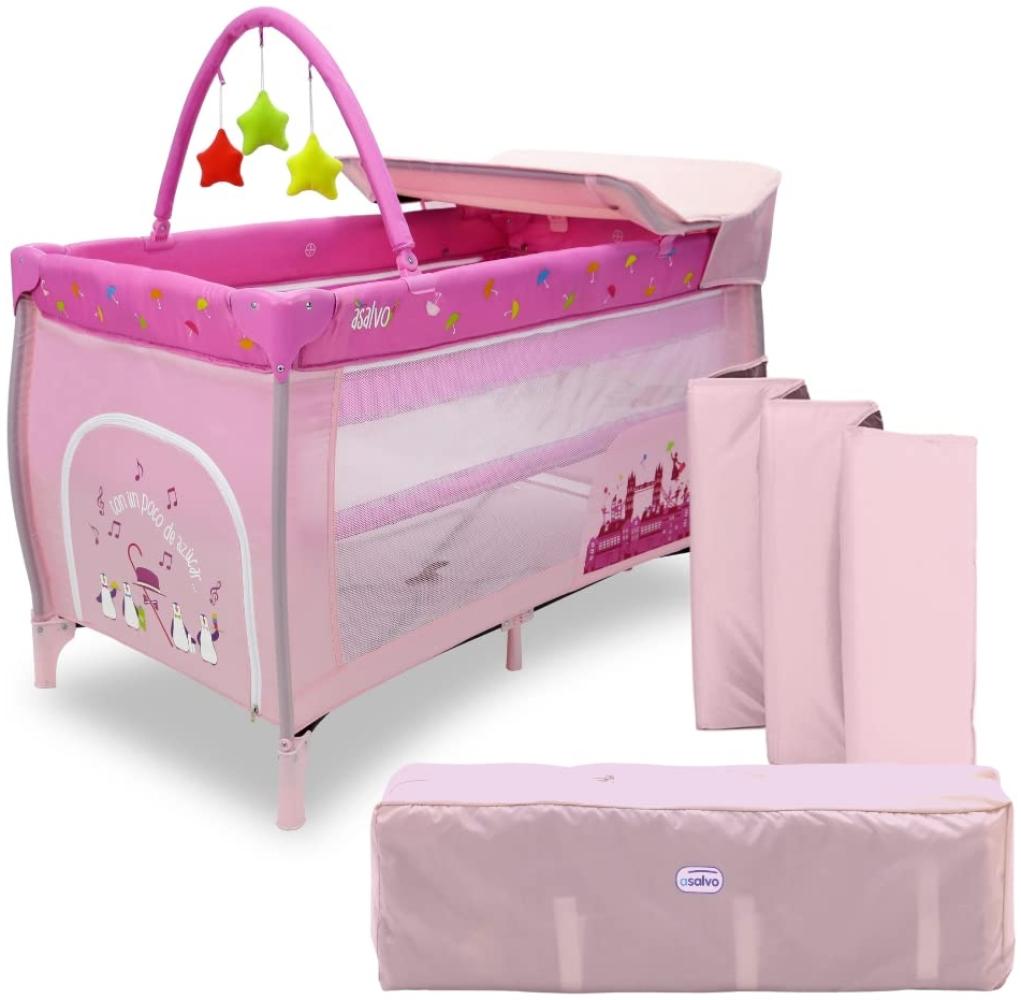 ASALVO Reisebett, 120x60 Mix Plus von 0 bis 15 kg/3 in 1 Babybett, Laufgitter und Wickelunterlage, faltbar, höhenverstellbar, inklusive Tragetasche, Rollen und Spielzeug, Rosa London Bild 1