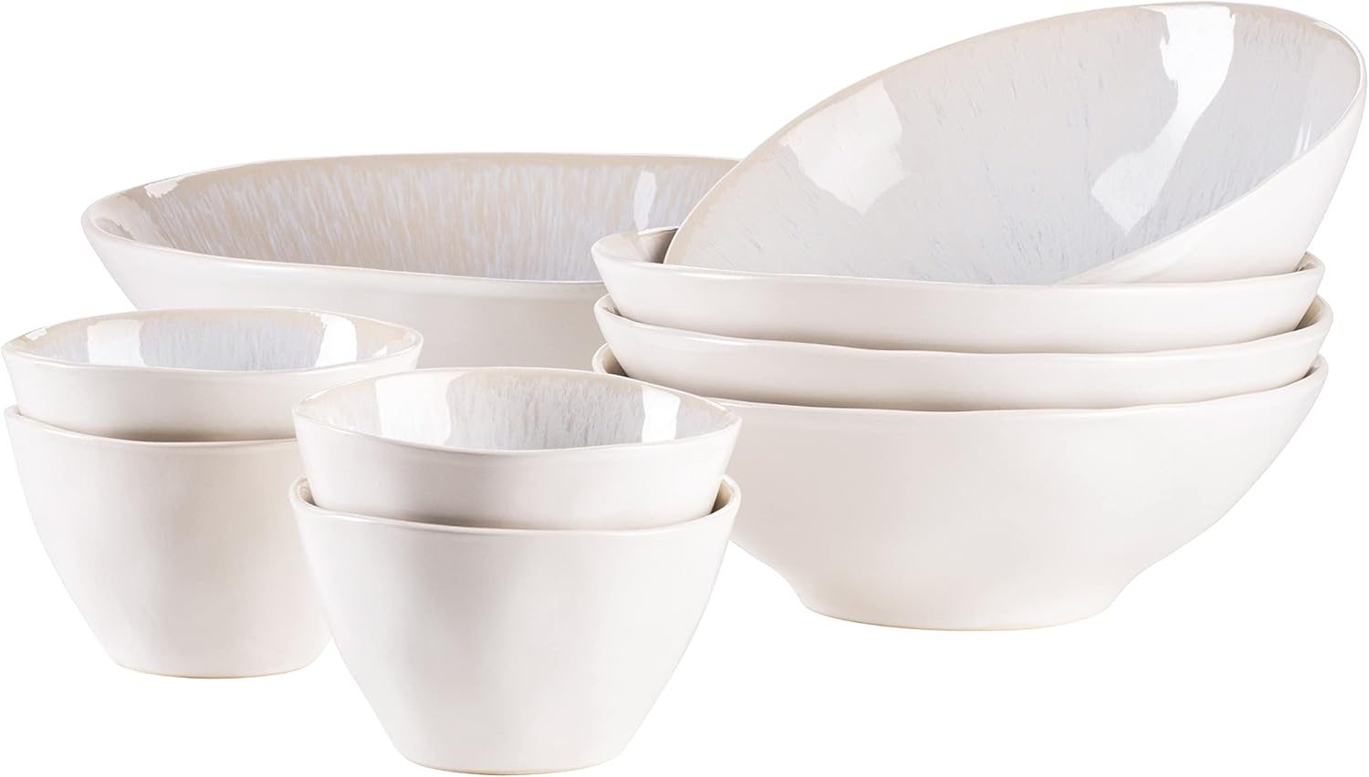 MÄSER 934014 Serie Frozen, 9-teiliges Bowl Set aus schöner Keramik, 1 Salatschüssel, 4 Ramen Schalen und 4 Dip Schälchen, organische Formen im Vintage Look, händisch lasiert, Steinzeug, Weiss Bild 1