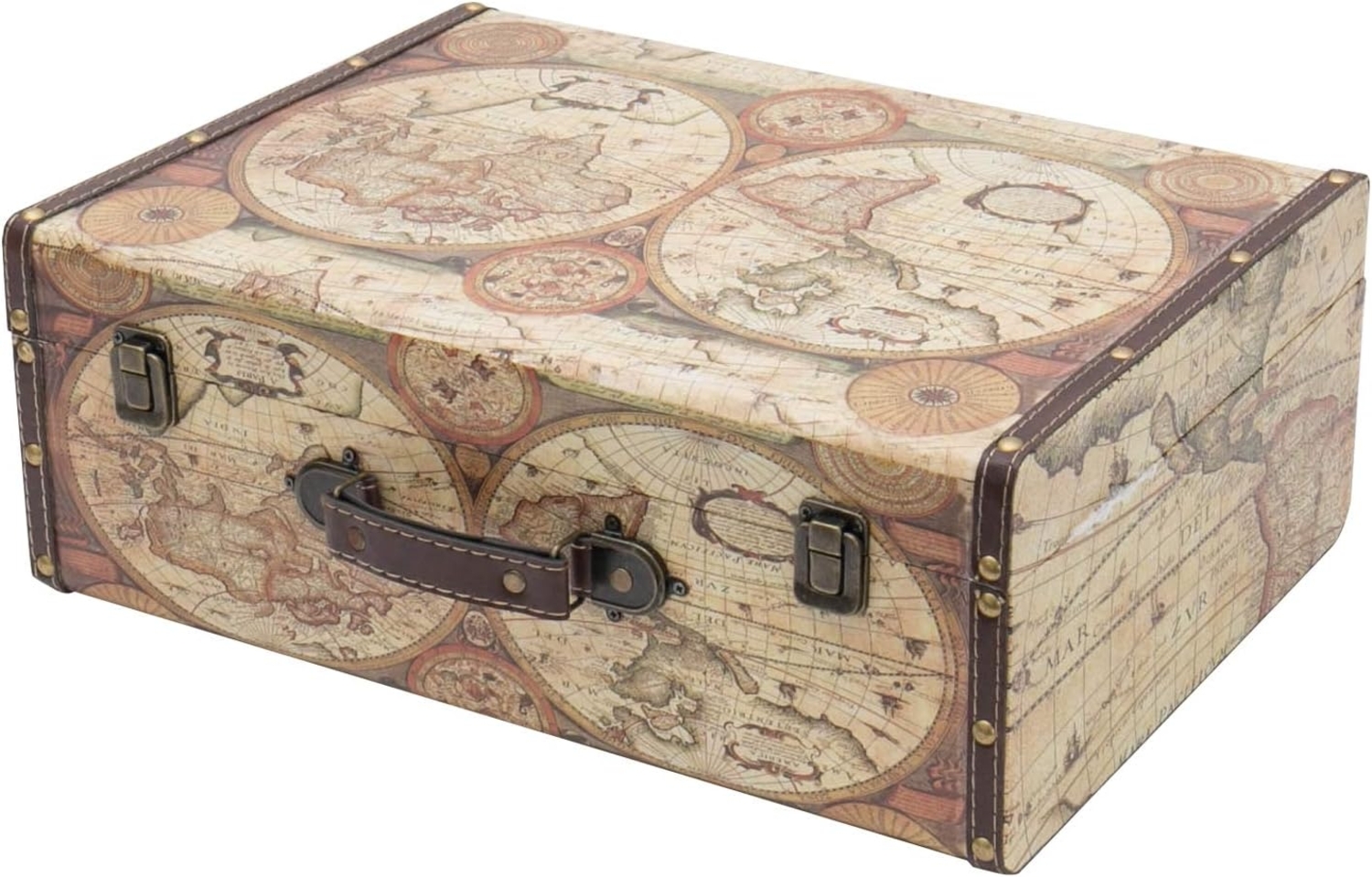 HMF Aufbewahrungsbox Handgefertigter Vintage Koffer aus Holz, Deko Koffer, Geschenkkoffer im Weltkarten Design 44 x 32 x 16 cm Bild 1