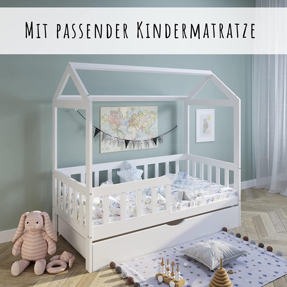 Hausbett Kinderbett Jugendbett 90x200 mit Matratze, Rausfallschutz & Lattenrost weiß 200x90 für Mädchen und Jungen Bild 1