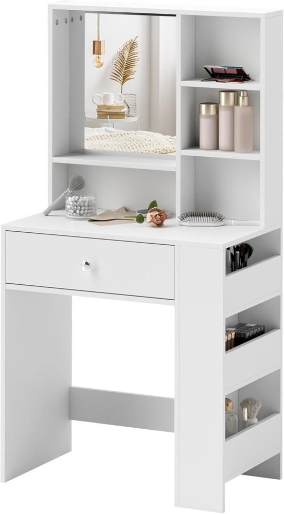 HOMCOM Schminktisch Make-up-Tisch mit Spiegel (Frisiertisch mit Schublade und 7 Fächern, 1-St, moderner Kosmetiktisch für Schlafzimmer), Weiß Bild 1