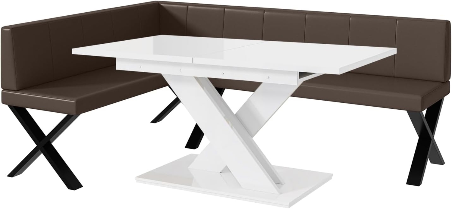 MEBLINI Eckbank für Esszimmer mit ausziehbarem Tisch - Küchenbank - Essecke - Sitzecke Küche - PETER - X-Beine 142x196x87cm Links - Braun Kunstleder/B Weiß Hochgl. Bild 1