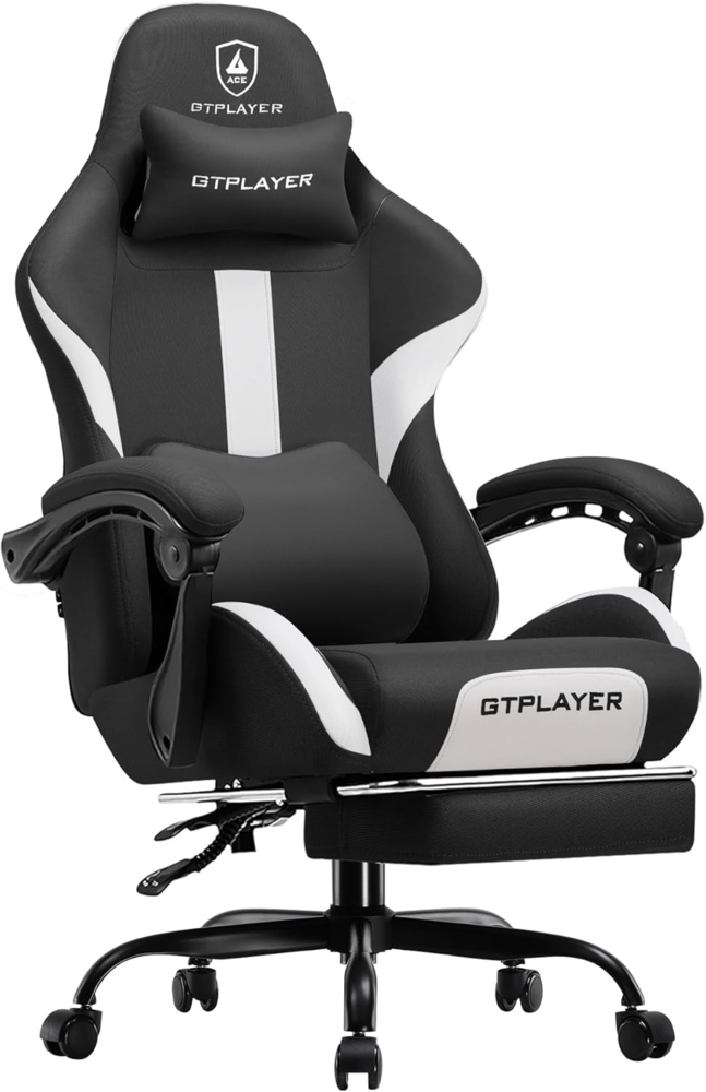 GTPLAYER Gaming Stuhl, Gamer Stuhl, Atmungsaktiver Bürostuhl aus Hochwertigem Stoff, Ergonomischer PC-Stuhl, Verstellbarer und Drehbarer Schreibtischstuhl mit Fußstütze schwarz Bild 1