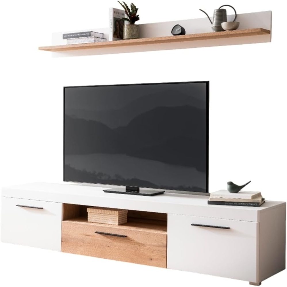 TV-Lowboard und Wandboard Lavell in weiß matt und Eiche 205 cm Bild 1