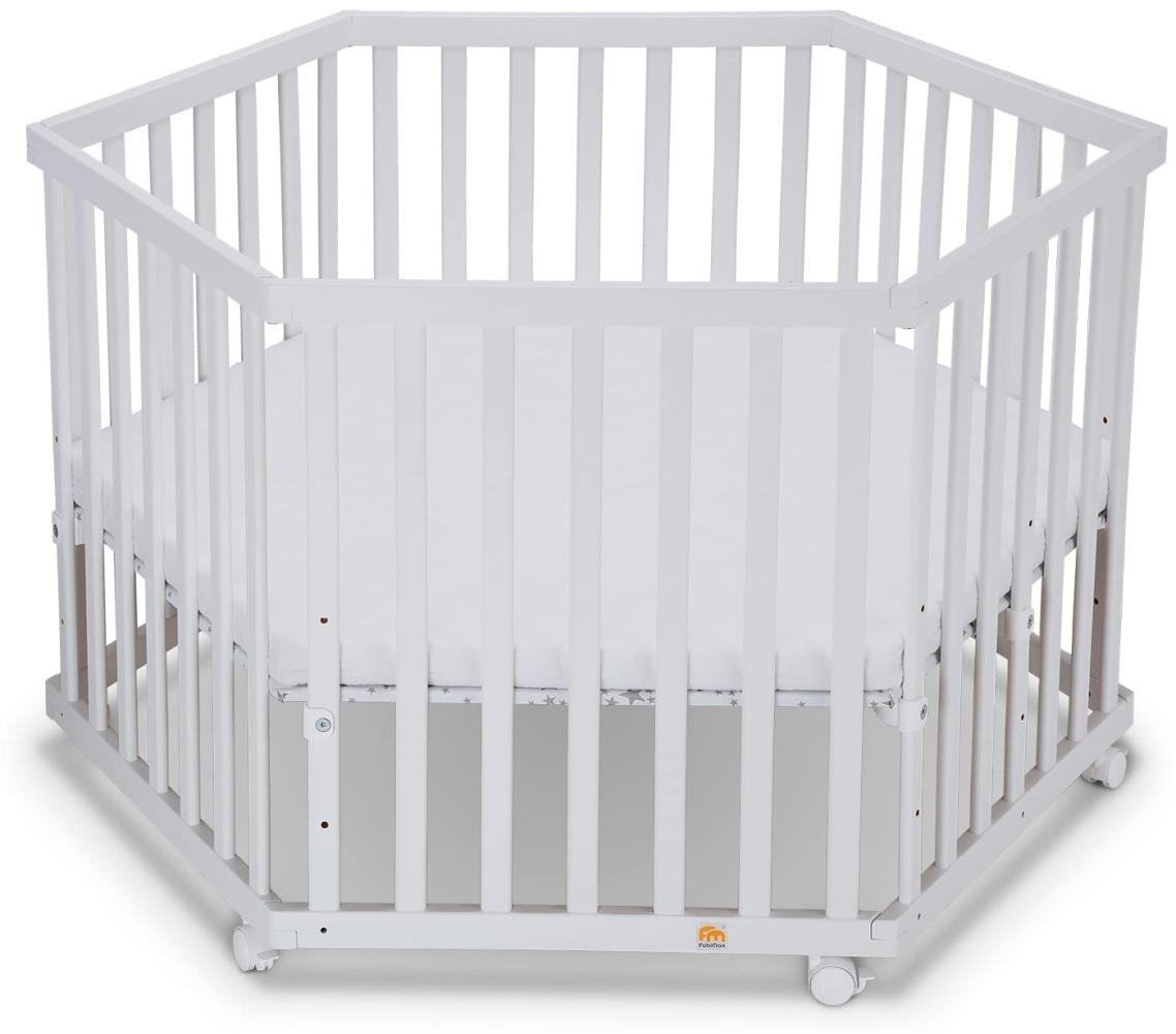 FabiMax Laufgitter Lami 6-eckig - TÜV geprüft 2022, mit Matratze AIR, 4-fach höhenverstellbar, Parkettrollen, weiß lackiert Bild 1