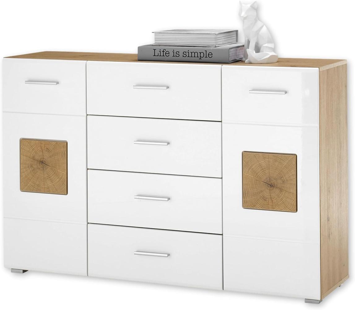 DEINE TANTE EMMA 36-191-T2 Georgia Artisan Eiche Nb. / Weiß Hochglanz Kommode Sideboard Beistellkommode mit Schubladen und 2 Türen ca. 140 x 92 x 40 cm Bild 1