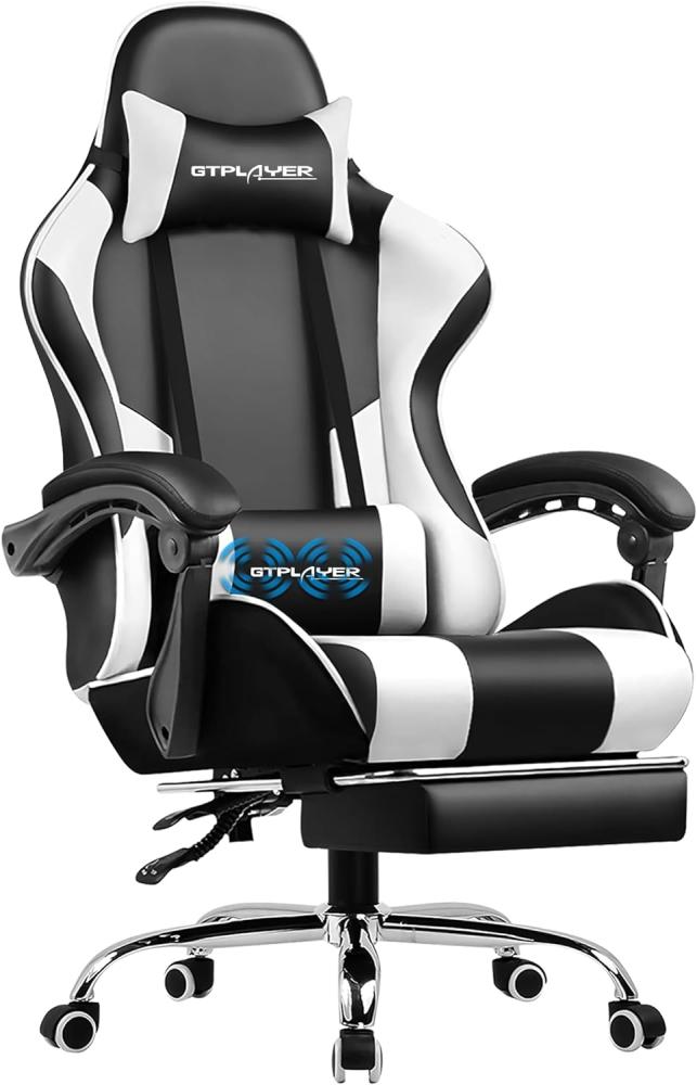 GTPLAYER Bürostuhl Gaming Stuhl Massage Gaming Sessel Ergonomischer Gamer Stuhl mit Fußstütze, Kopfstütze Massage-Lendenkissen, Gepolstert Gaming Chair, Drehsessel Weiß Bild 1