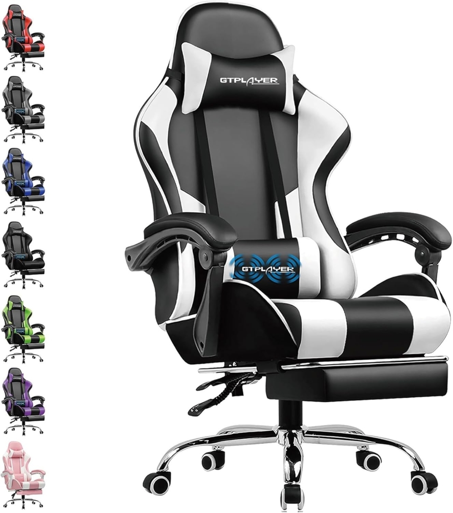 GTPLAYER Bürostuhl Gaming Stuhl Massage Gaming Sessel Ergonomischer Gamer Stuhl mit Fußstütze, Kopfstütze Massage-Lendenkissen, Gepolstert Gaming Chair, Drehsessel Weiß Bild 1
