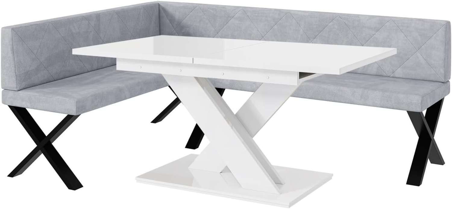 MEBLINI Eckbank für Esszimmer mit ausziehbarem Tisch - Küchenbank - Essecke - Sitzecke Küche - ERIC - X-Beine 142 x 196 x 87 cm Links - Hellgrau Samt/B Weiß Hochgl. Bild 1