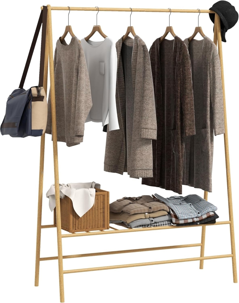 HOMCOM Garderobenständer Bambus, mit Ablagen und Haken, Kleiderstange, (Kleiderbügel, 1 St, Kleiderständer), für Flur, Wohnzimmer Schlafzimmer, 116 x 43,5 x 160 cm, Naturholz Bild 1