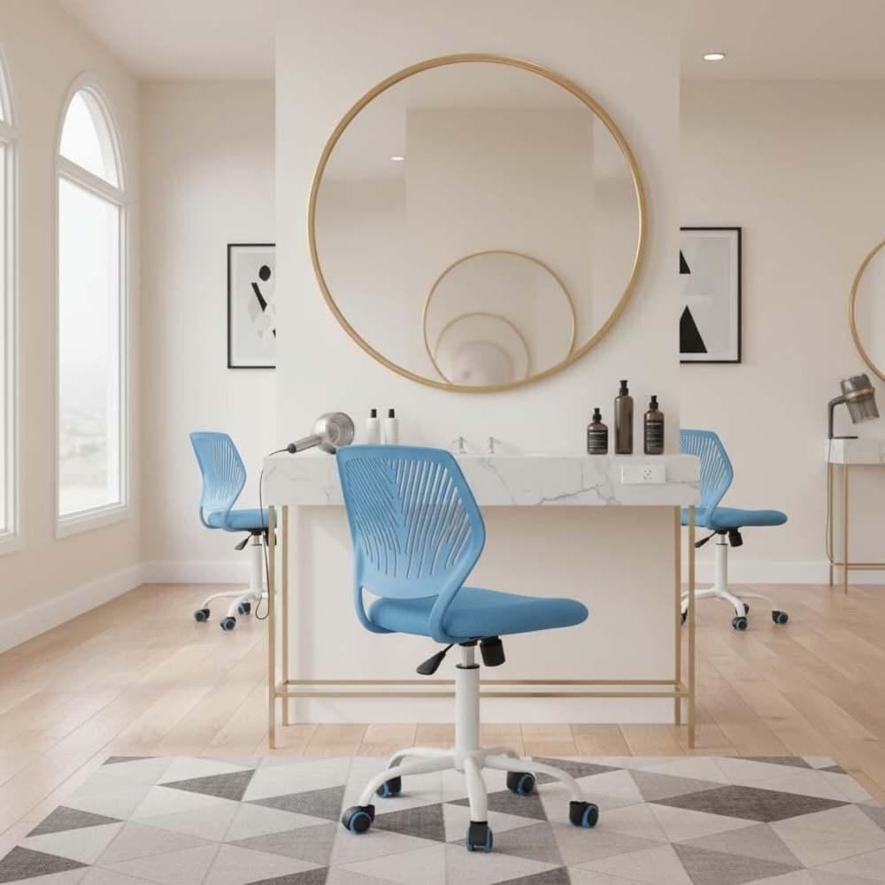 FurnitureR Friseurstuhl ergonomischer Drehstuhl ohne Armlehnen, höhenverstellbar, Netzrückenlehne, Metallfuß mit Rollen, 38x40 cm Sitz, belastbar 130kg, für Salon & Spa, Blau Bild 1