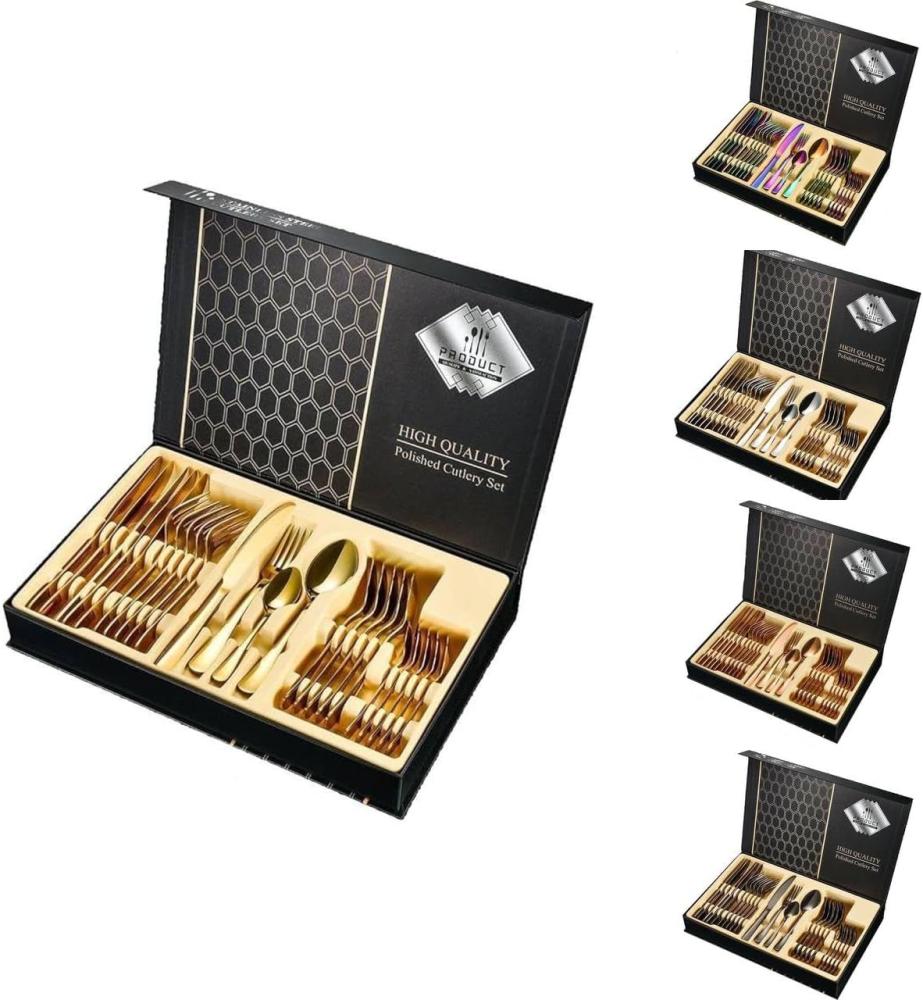 [Besteckset 24 tlg. [Gift Box] in verschiedenen Farben] glänzendes Edelstahlbesteck für. 6 Personen Messer, Gabel, Löffel Cutlery Set mit Geschenkbox Gold Bild 1