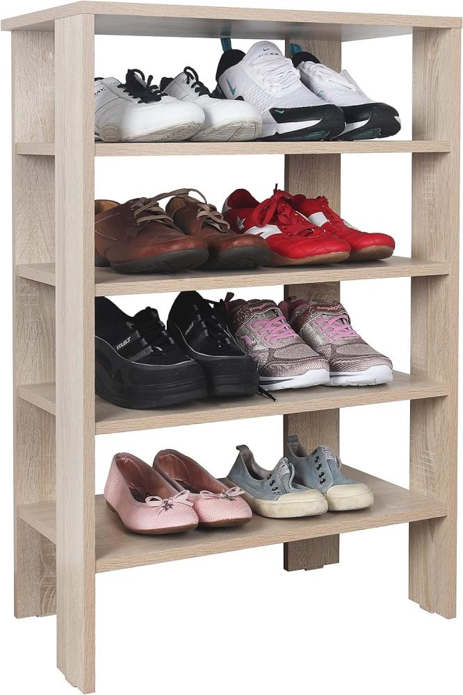 RICOO Schuhregal schmal und hoch 88x55x32cm Standregal Pressholz Eiche Sonoma Braun WM040-ES, Schuhständer mit 4 Ebenen, Schuhschrank offen, Schuhablagen Flur Rack, Schuhablage klein, Schuhregale Bild 1