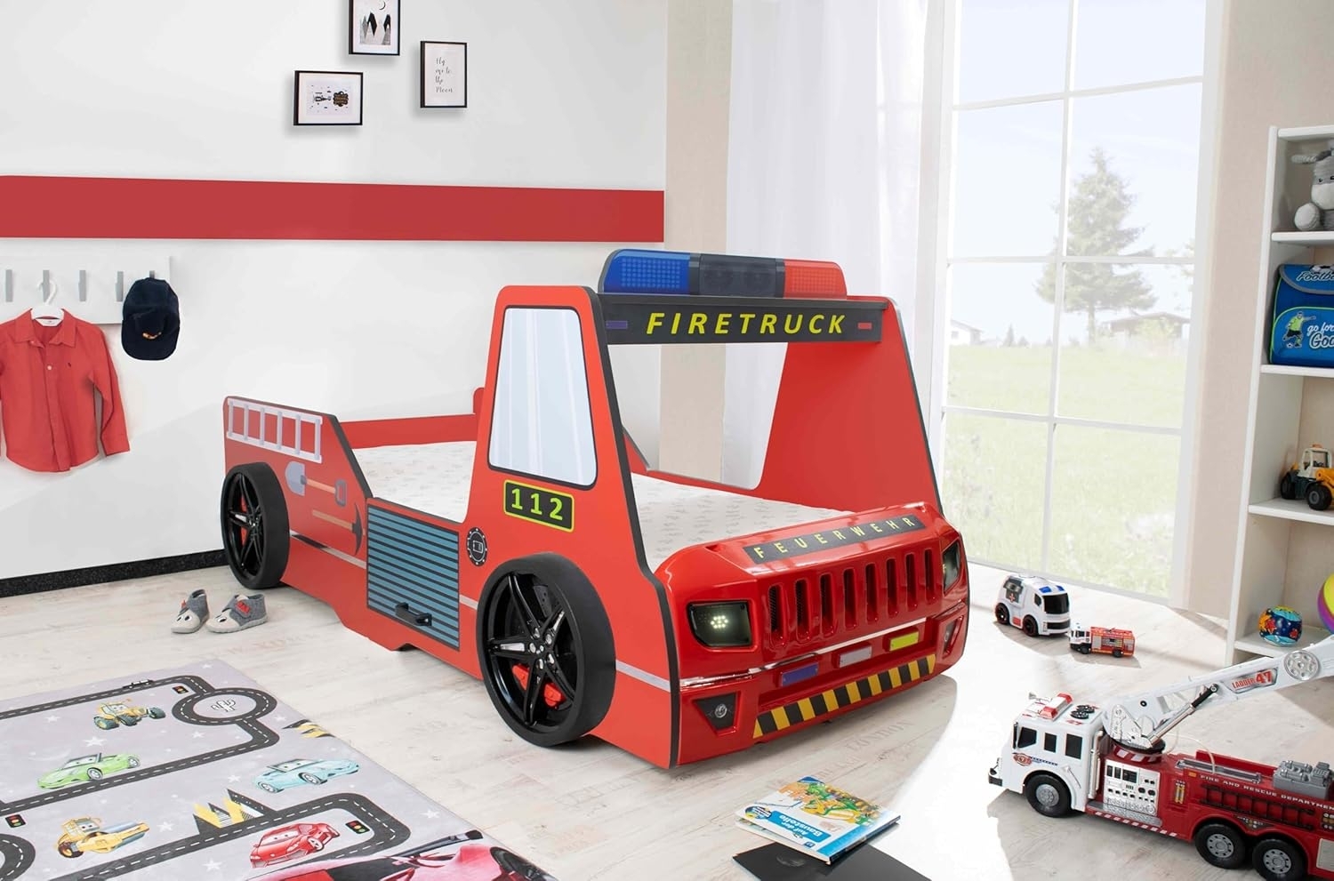 Autobett Kinder 90x200 cm Feuerwehrbett "Rio Firetruck" mit LED-Licht und Sirenenoptik Rot, Creativ Fresh Plus H2, ohne Bettwäsche, ohne Wandregal Bild 1