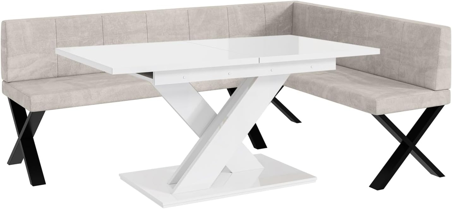 MEBLINI Eckbank für Esszimmer mit ausziehbarem Tisch - Küchenbank - Essecke - Sitzecke Küche - PETER - X-Beine 142 x 196 x 87 cm Rechts - Beige Samt/B Weiß Hochgl. Bild 1