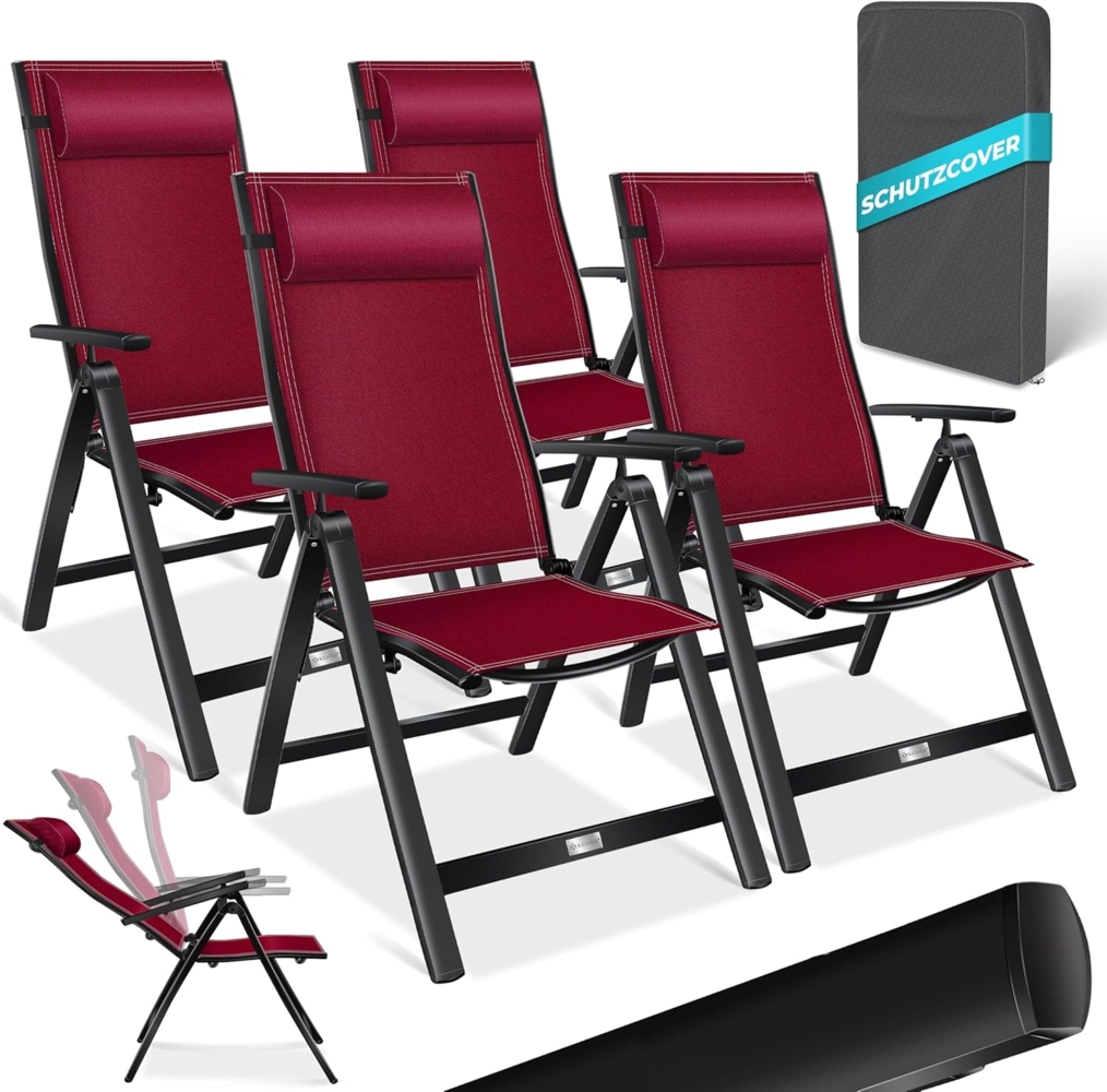 KESSER® Gartenstuhl Hochlehner mit Armlehnen | Aluminium Klappstuhl inkl. Kopfkissen Campingstuhl 7-Fach Verstellbar Rückenlehne | Atmungsaktiv & Wetterfest | Klappbar & Anti-Rutsch 4 Stück, Bordeaux Rot Bild 1