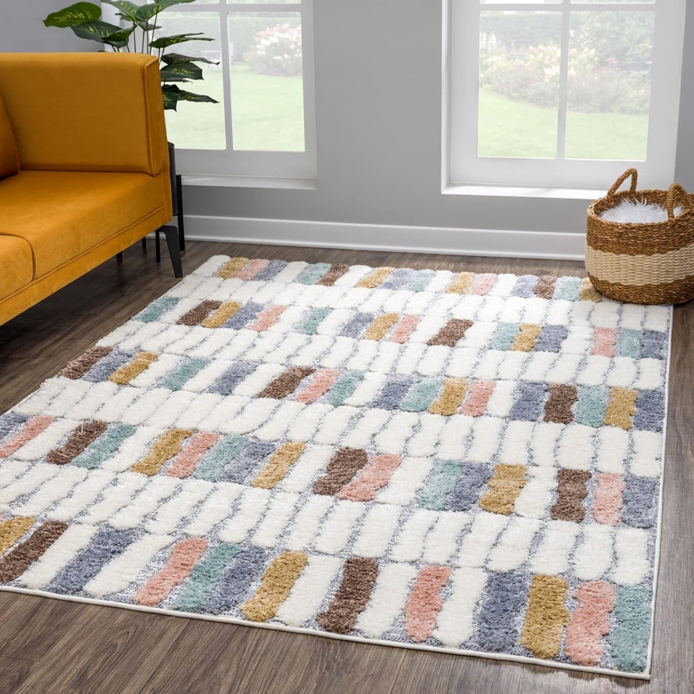 Teppich Wohnzimmer - 140x200cm - Hochflor Flauschig Weich - Pastellfarben Multi - Boho Design - Skandinavisch Steinoptik Abstrakt - Schlafzimmer Bild 1