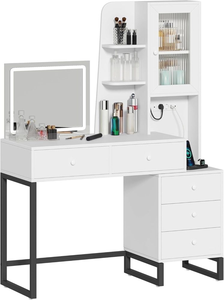 DWVO Schminktisch mit LED-Beleuchtung, Großer Stauraum, Kosmetiktisch mit Schubladen und Gehäuse, 3 Farben mit Einstellbarer Helligkeit,weiß Bild 1