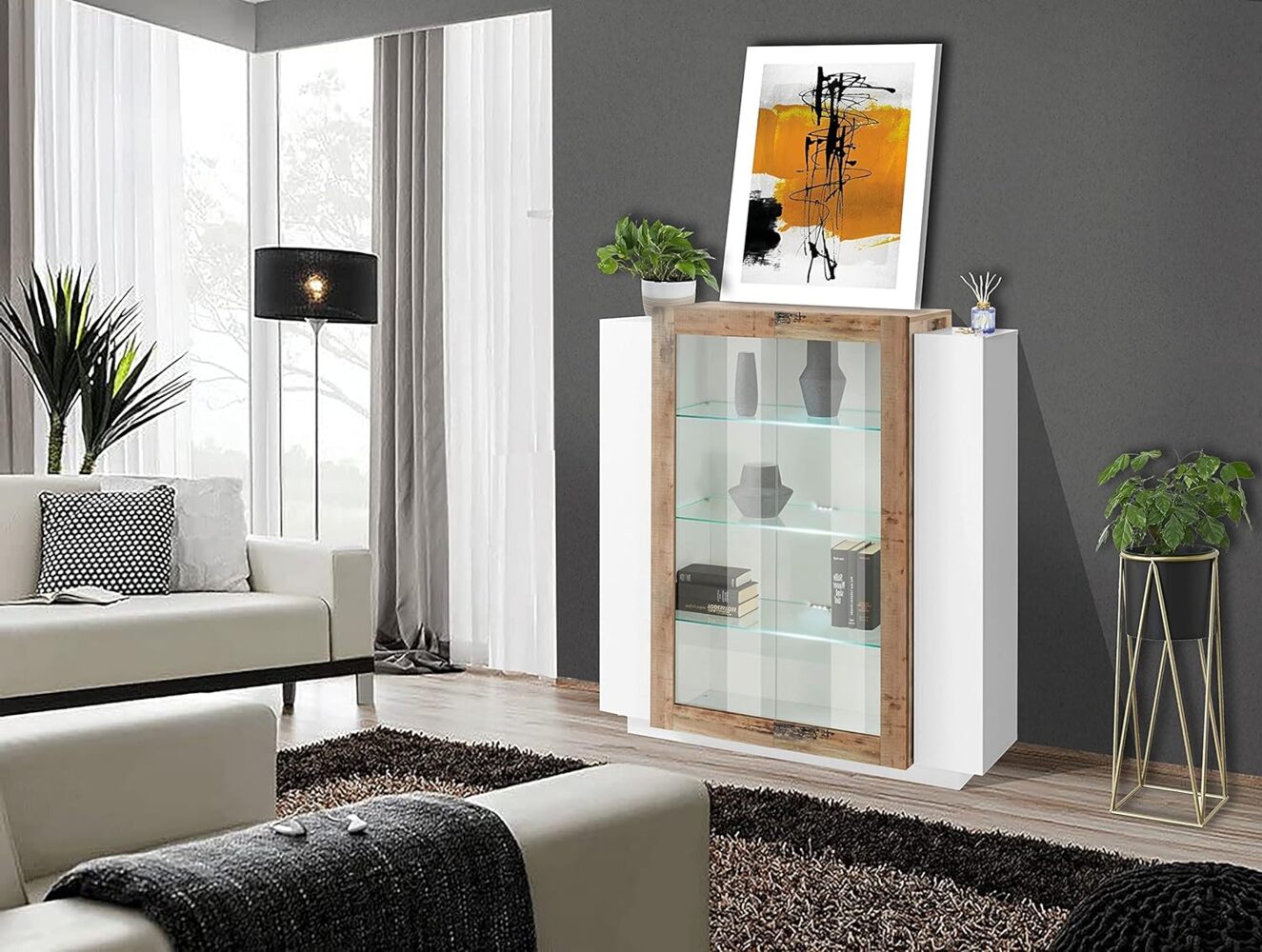 Dmora Moderne Vitrine mit Glastür, Made in Italy, mit weißem LED-Licht, Sideboard mit Regalen, Wohnzimmervitrine, 120x45h115 cm, Glanzweiß und Ahornfarbe Bild 1