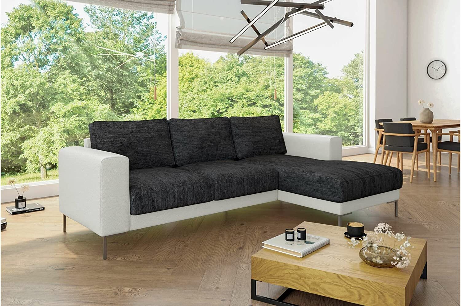 Stylefy Aversa Ecksofa Strukturstoff BERLIN Kunstleder MADRYT Schwarz Weiß Rechts Bild 1