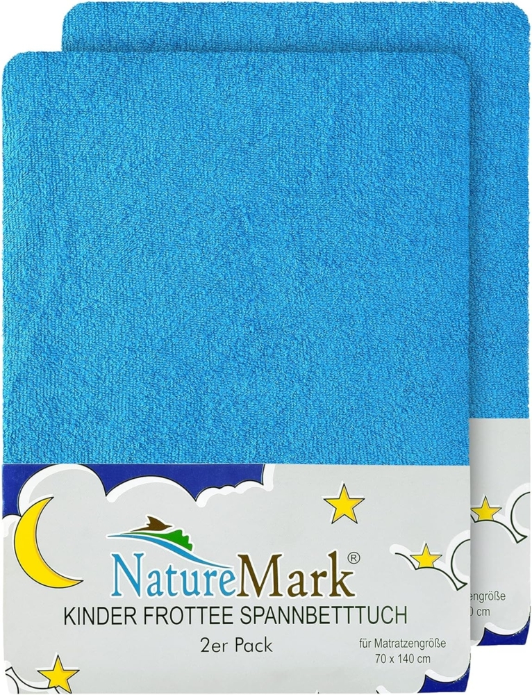 NatureMark Spannbettlaken Frottee Spannbettlaken, 80% Baumwolle / 20% Polyester, Gummizug: rundum, (2 Stück), 2er Set Kinder Spannbettlaken Frottee, Spannbetttuch 80% Baumwolle / 20% Polyester, für Babybett und Kinderbett, 70x140 cm - Türkis Bild 1