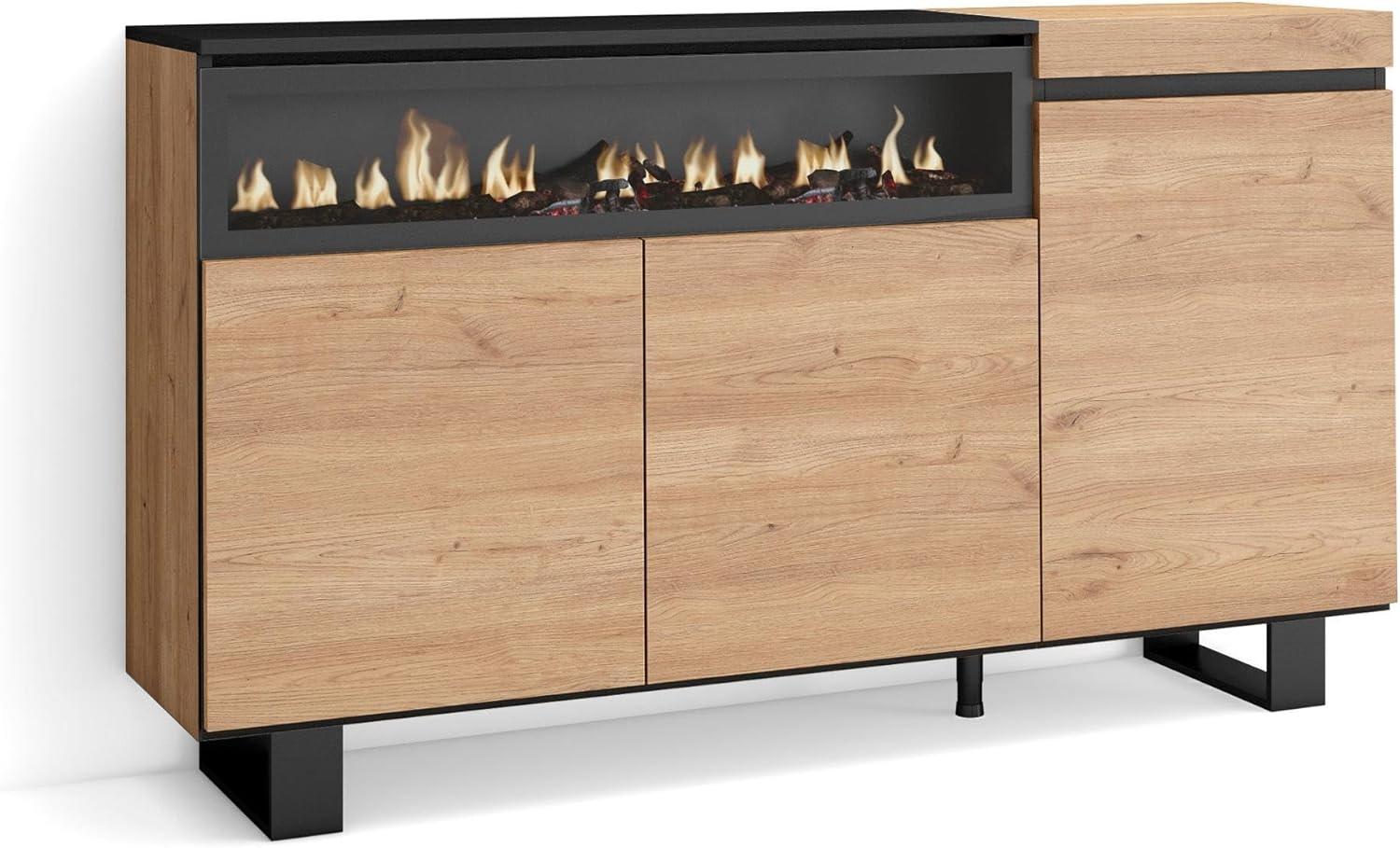 Skraut Home | Sideboard, Highboard | Kommode, Komodenschrank | 150 x 87 x 35 cm | 3 Türen | Elektrokamin. Maße | Industriedesign | Moderner Stil | Eiche Schwarz Bild 1