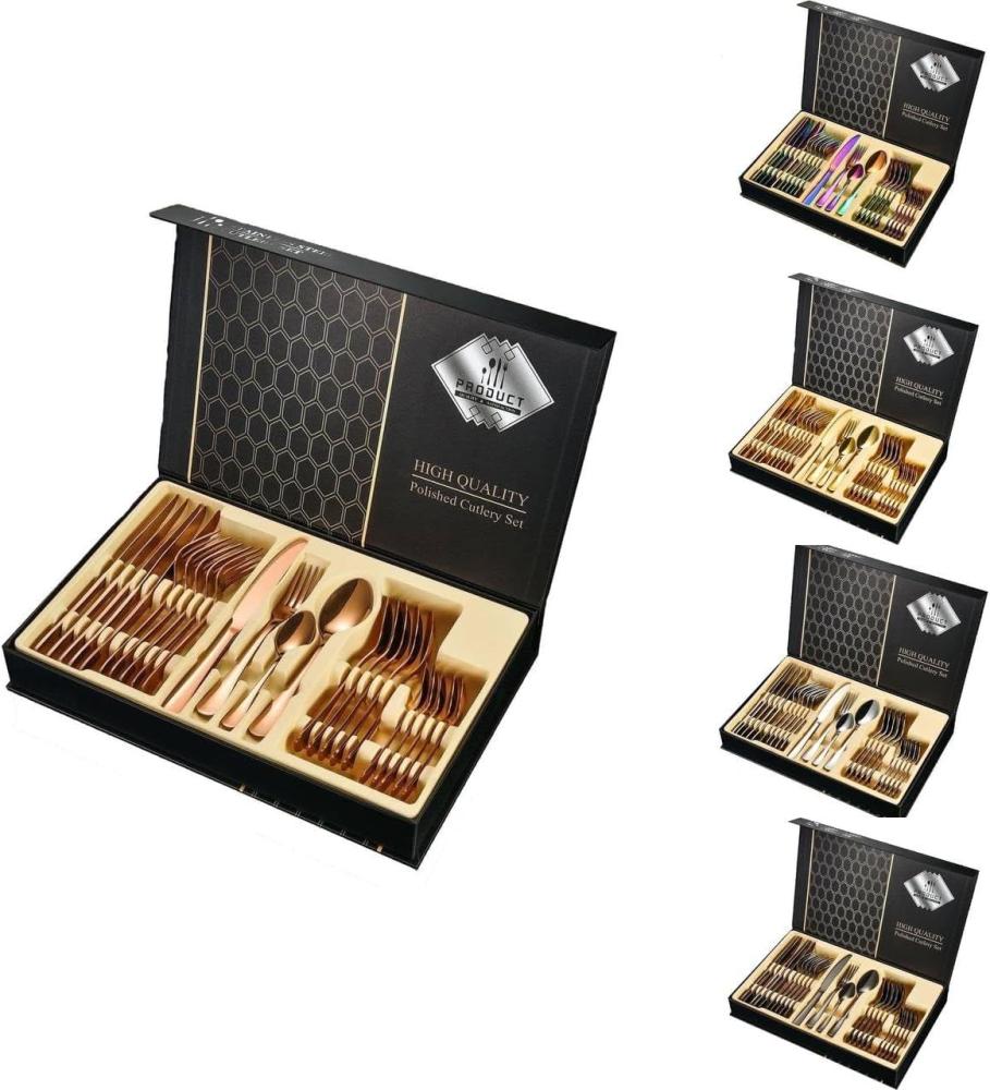 [Besteckset 24 tlg. [Gift Box] in verschiedenen Farben] glänzendes Edelstahlbesteck für. 6 Personen Messer, Gabel, Löffel Cutlery Set mit Geschenkbox Rose Gold Bild 1