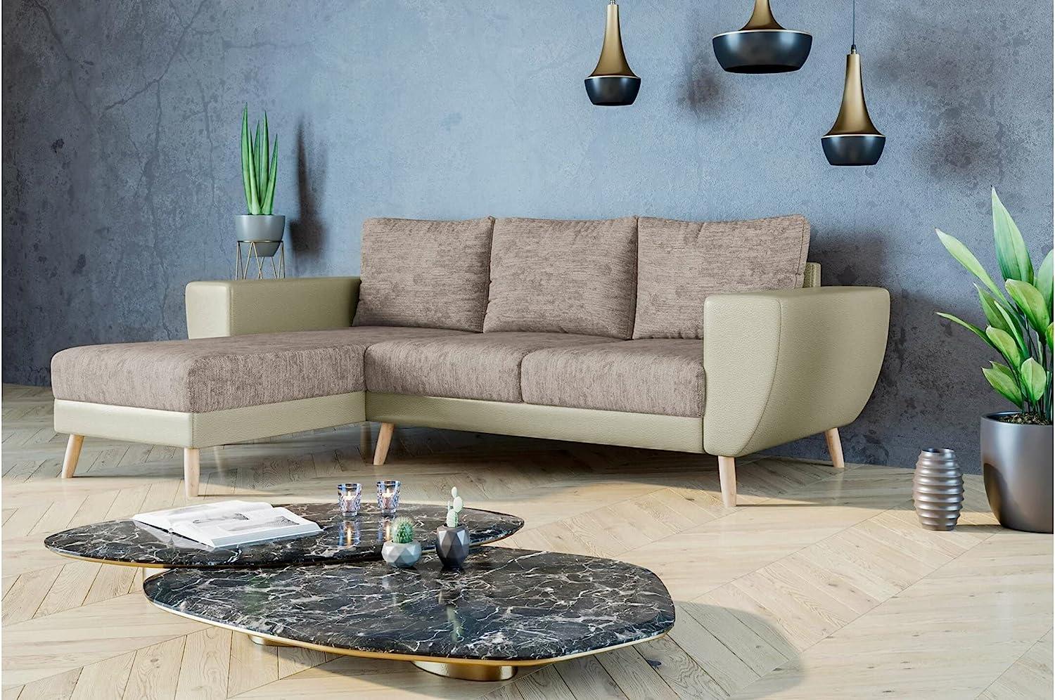 Stylefy Marco Ecksofa Strukturstoff BERLIN Kunstleder MADRYT Hellbraun Beige Links Bild 1