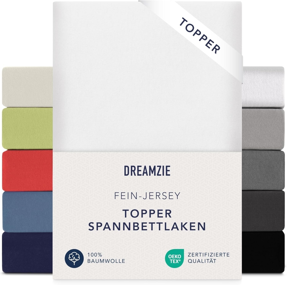 Dreamzie Premium Topper Spannbettlaken 140x200 cm - 160x200 cm - extra niedriger Seitenhöhe - für Boxspringbett - Topperauflage - Spannbetttuch Jersey Baumwolle, 150 g/m² - Oeko-TEX - Weiß Bild 1