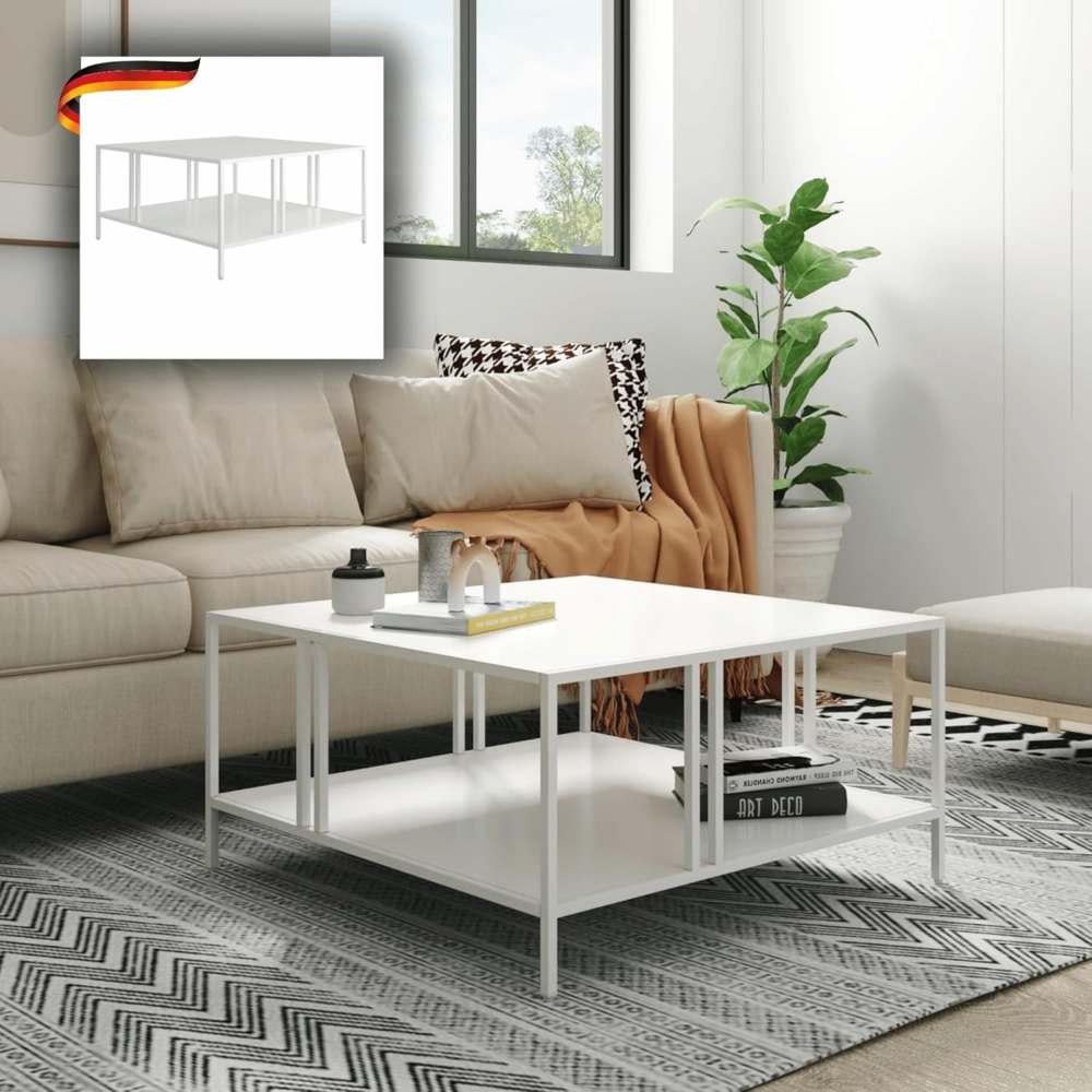 DELUKE® Couchtisch mit Stauraum PHILI - Rechteckig Sofatisch rechteckig Stubentisch Wohnzimmertisch Kaffeetisch Beistelltisch Tisch für Couch 40 x 80 x 80 cm Weiß Bild 1