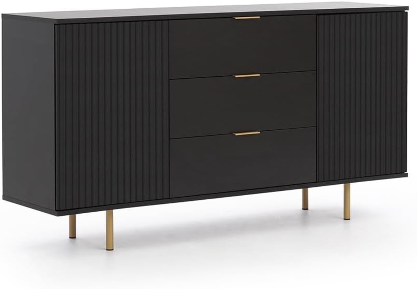 Lomadox Sideboard NADOR-132, 150cm breit, matt schwarz, goldfarbene Metallgriffe und -füße Bild 1