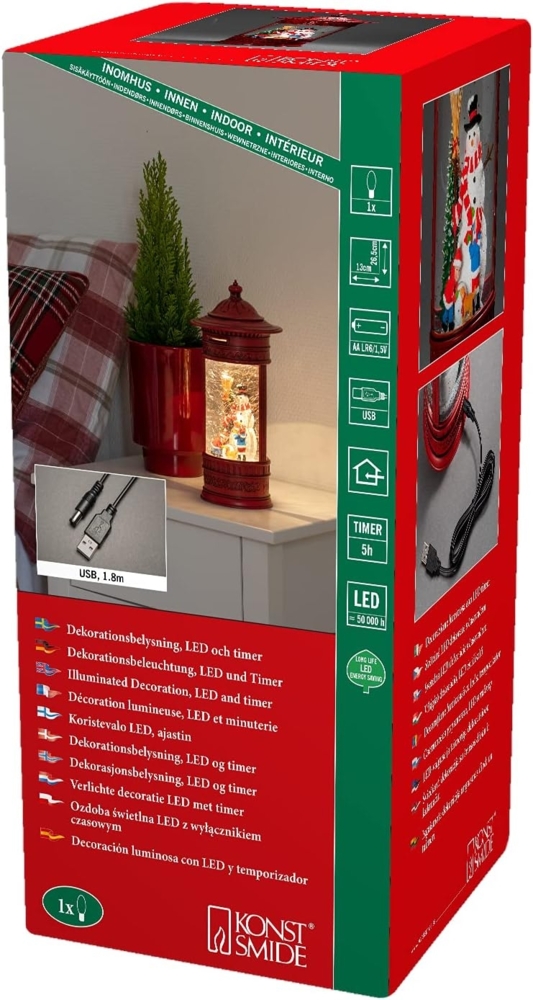 Konstsmide LED Wasserlaterne Briefkasten, Schneemann mit Kindern, mit an/aus Schalter, 5h Timer, 1 warm weiße Diode, batteriebetrieben/USB, Innen, 0,1W, Batterie: 3 x AA 1, 5V (exkl.) - 4268-550, Rot Bild 1