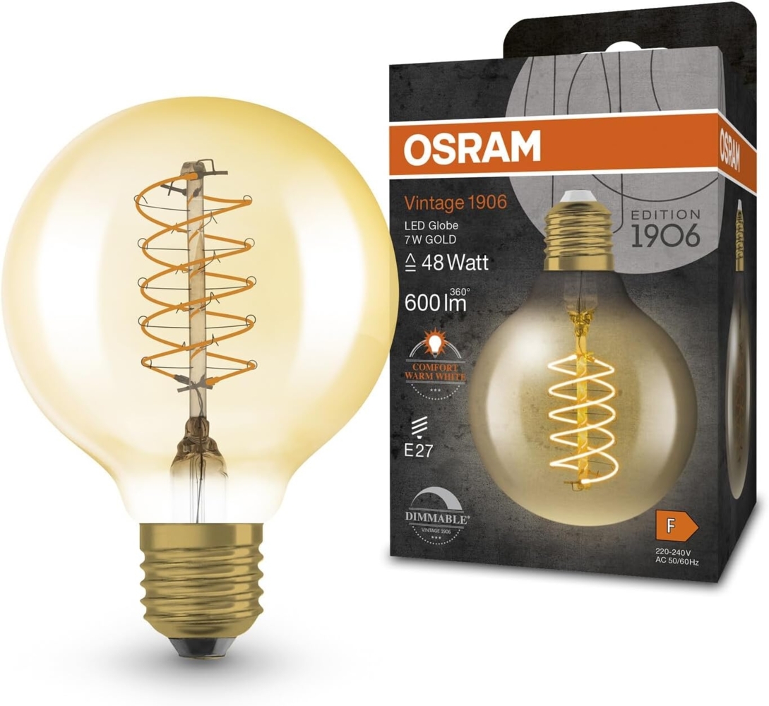 Osram Dimmbare LED-Lampen, Vintage-Edition, 48 Watts Ersatz, E27, G80, 2200 Kelvin, Warm Comfort Light, Klares Glas, single Pack Bild 1