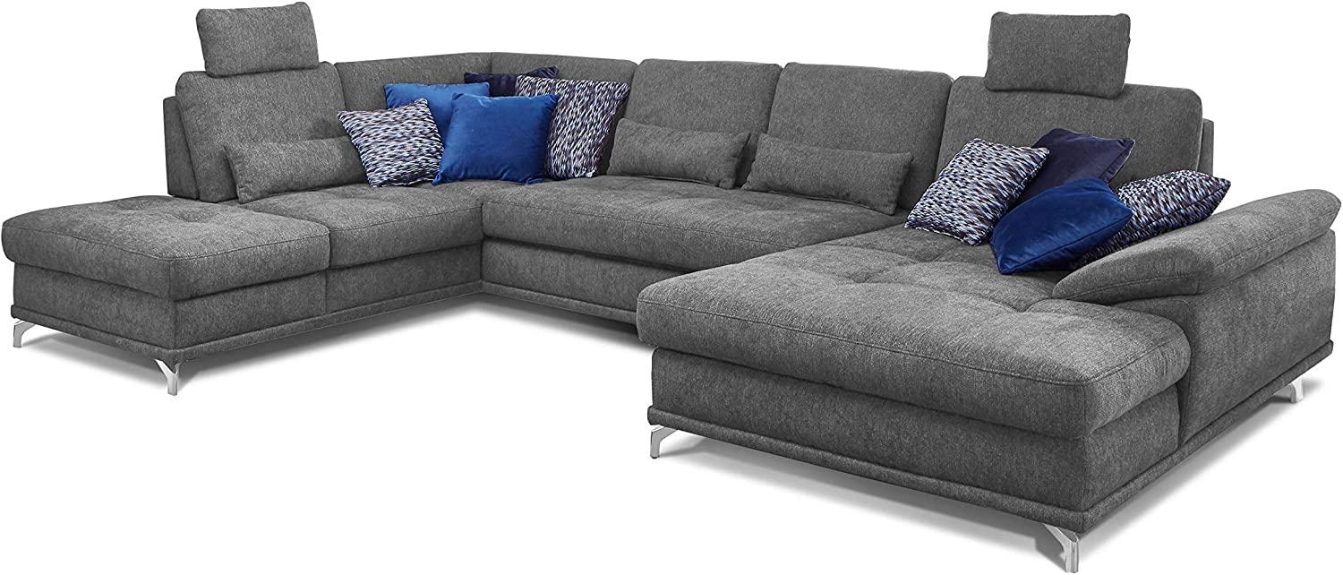 Cavadore Wohnlandschaft Castiel mit Federkern / Großes U-Form-Sofa mit Schlaffunktion, Sitztiefenverstellung und Kopfstützen / 368 x 114 x 232 / Webstoff, Grau Bild 1