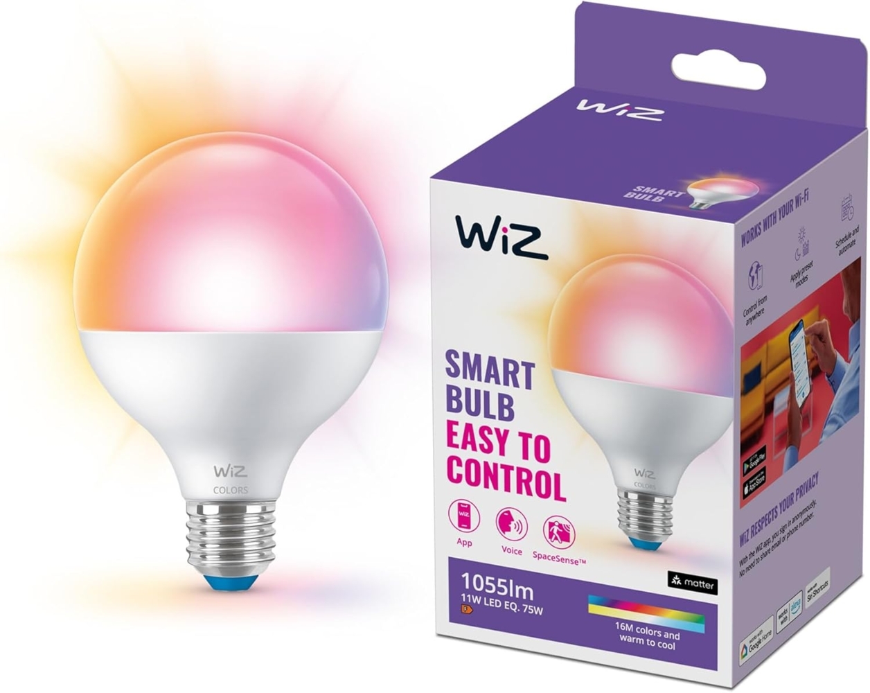 WiZ G95 LED Lampe Tunable White und Color, 75W, dimmbar, 16 Mio. Farben, smarte Steuerung per App/Stimme über WLAN Bild 1