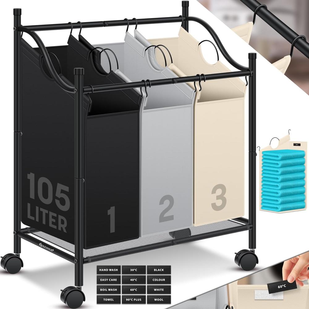 KESSER® Wäschekorb Wäschesammler Wäschesortierer mit abnehmbaren Stofftaschen | Wäschebox mit 12 Waschhinweisen 360° Rollen mit Bremse Wäsche-Sortiersystem Wäschewagen Bunt, 3 Fächer Bild 1