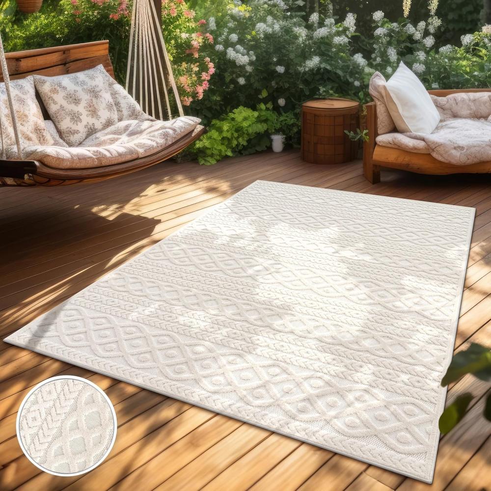 Paco Home Outdoor Teppich Wetterfest Balkon Wohnzimmer Skandinavisches Boho Muster Einfarbig Geometrisch 3D Effekt Moderne Deko, Grösse:80x150 cm, Farbe:Creme 4 Bild 1