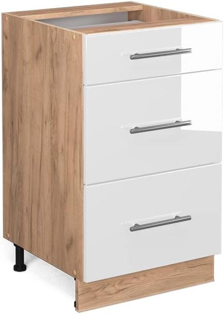 Vicco Küchenschrank Küchenmöbel Fame-Line modern Küche Einbauküche Küchenzeile Blende Unterschrank Hochschrank Hängeschrank Hochglanz (Eiche-Weiß, Schubunterschrank 50 cm) Bild 1