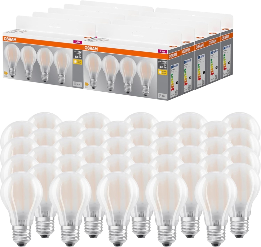 OSRAM LED BASE A60, Vorteilspack mit 40 Leuchtmittel, ersetzt herkömmliche 60W Glühbirnen, 6.5W, warmweiß (2700K), mattes Glas, nicht dimmbar, Birnenform, E27 Bild 1