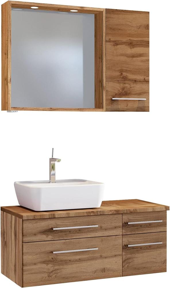 Bad-Set 4-tlg. 'Davos' Wotan Eiche, mit LED-Spots, Hängeschrank und Unterschrank geschlossen, Waschbecken links Bild 1